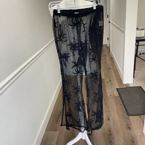 Womens Sheer Pants M Black Swim Cover Up Sheer Lace Wide Leg Pull On Drawstring